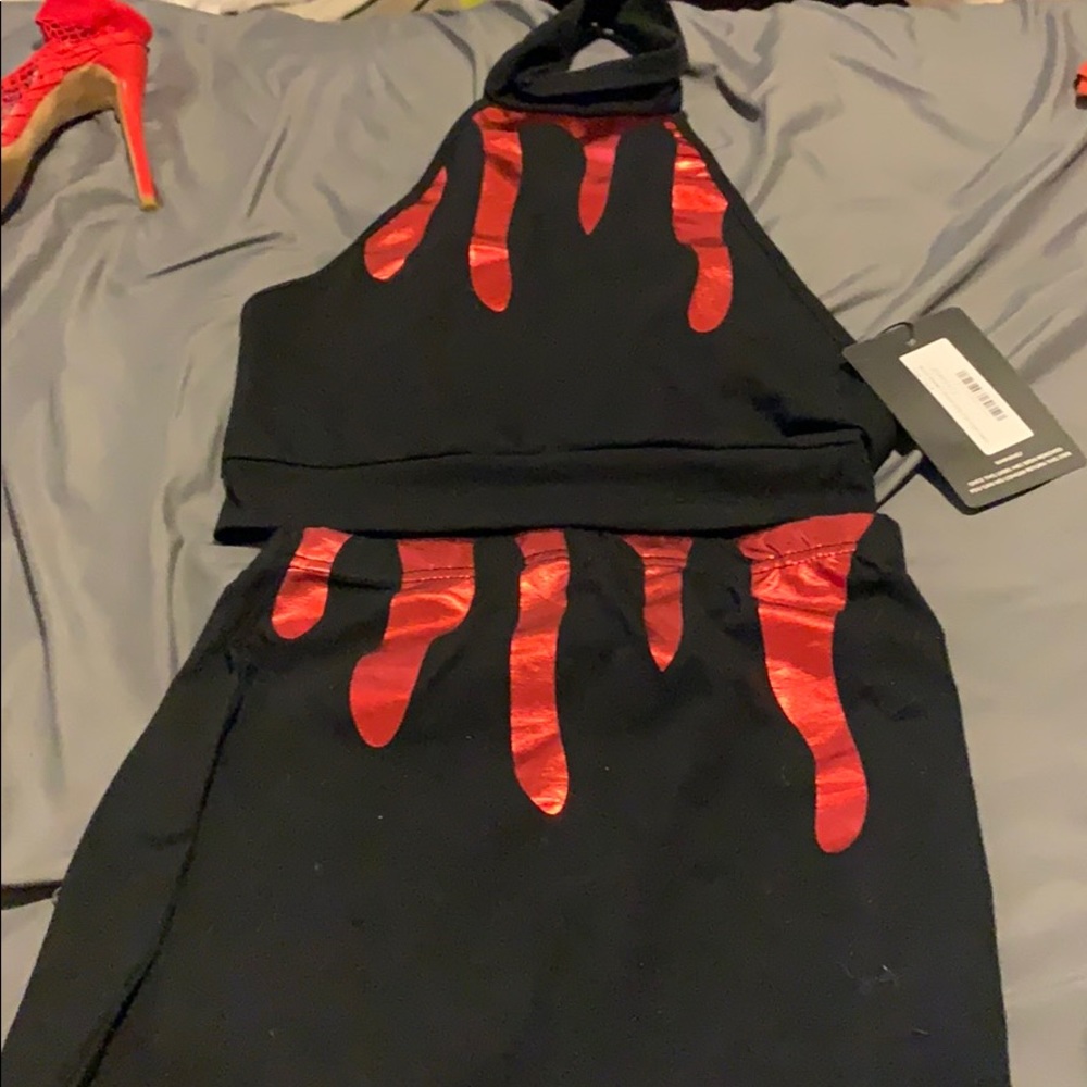 Blood drip halter top and fitted skirt